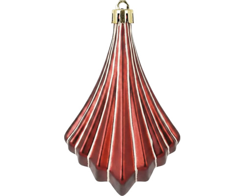 Kersthanger in kegelvorm met rood-witte strepen, geribbelde textuur en gouden ophanging.
