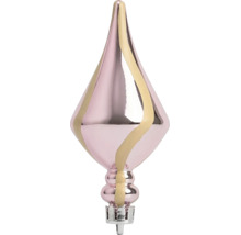 Roze glazen kerstornament in druppelvorm met beige spiraal.