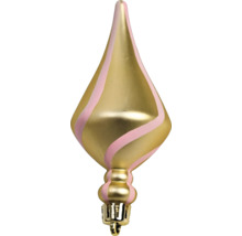 Kersthanger in druppelvorm met spiraalpatroon in goud en roze.