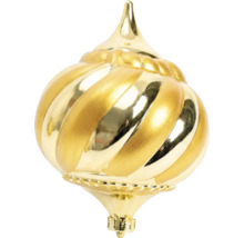 Kerstbal in uivorm met spiraalpatroon, goudkleurig, glanzend.
