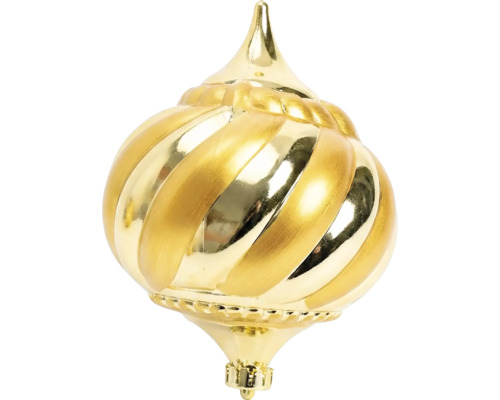 Kerstbal in uivorm met spiraalpatroon, goudkleurig, glanzend.