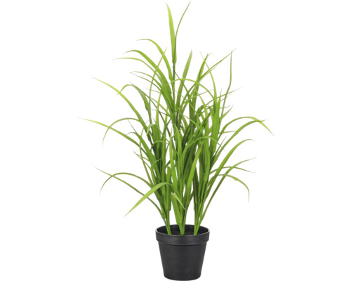 Kunstgras plant in zwarte pot met lange groene sprieten.