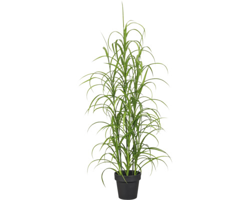 Kunstsiergras met groene bladeren in een zwarte kunststof pot.