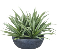 Kunstmatige agave in een donkere plantenschaal met puntige bladeren.