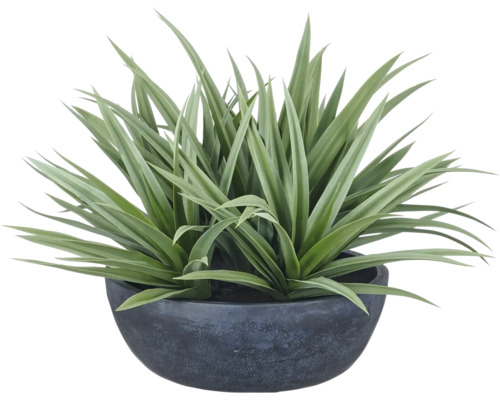 Kunstmatige agave in een donkere plantenschaal met puntige bladeren.