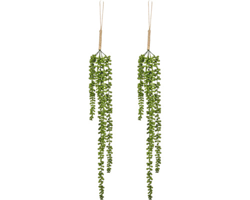 Twee groene kunsthangplanten vetplanten met ronde bladeren en ophanging van juten touw.