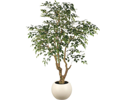 Kunstficus Benjamini in ronde pot met bonte bladeren en een realistische stam.