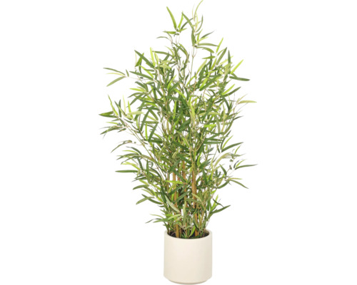 Kunstbamboe plant met groene bladeren in een witte pot.