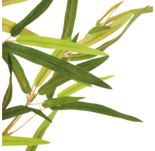 Detailopname van kunstmatige groene bamboebladeren met een langwerpige vorm aan dunne stelen.