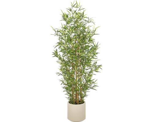 Kunstmatige bamboeplant in een cilindrische pot met groene bladeren en natuurgetrouwe stengels.