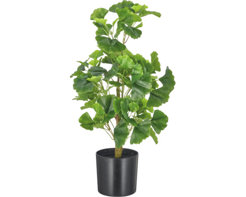 Kunstmatige Ginkgo Biloba plant in zwarte pot met waaiervormige bladeren.