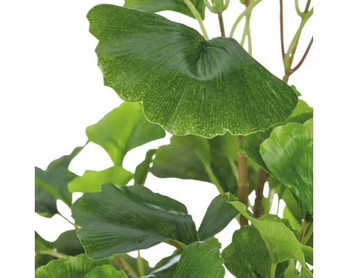 Detailopname van een kunstmatige Ginkgo Biloba plant met waaiervormige groene bladeren van kunststof.