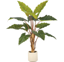 Kunstmatige Alocasia plant met grote groene bladeren en roodbruine stelen in een witte cilindrische pot.