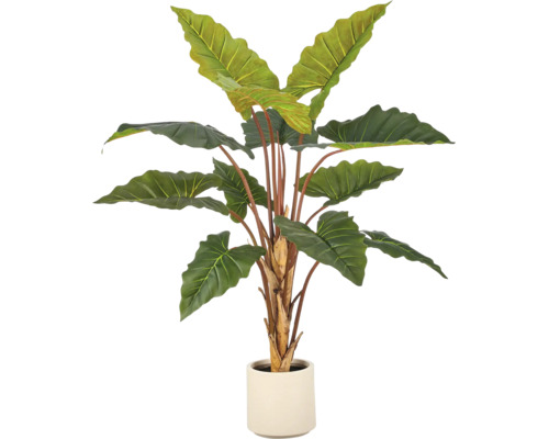 Kunstmatige Alocasia plant met grote groene bladeren en roodbruine stelen in een witte cilindrische pot.