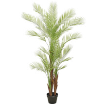 Kunstpalm met groene palmbladeren en bruine stam in een zwarte pot.