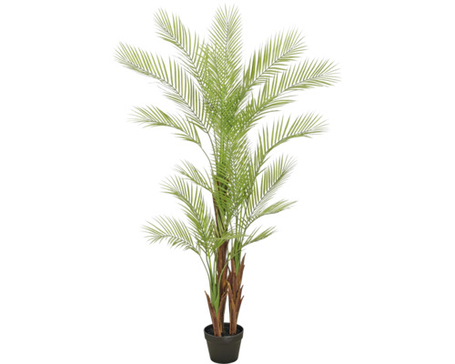 Kunstpalm met groene palmbladeren en bruine stam in een zwarte pot.