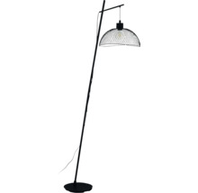 Zwarte vloerlamp met een slanke standaard en een koepelvormige kap van metaalgaas.