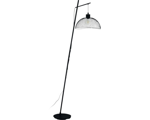 Zwarte vloerlamp met een slanke standaard en een koepelvormige kap van metaalgaas.