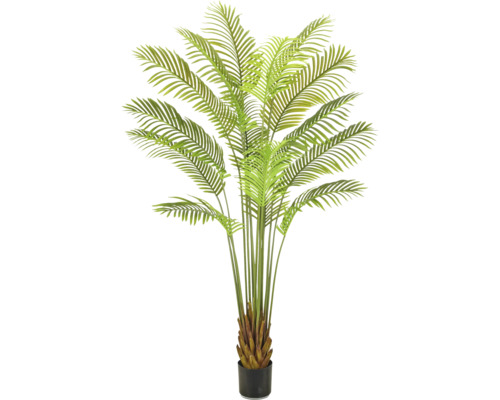 Kunstmatige palmboom in zwarte pot met groene palmbladeren.