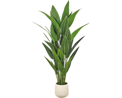 Kunstmatige kamerplant Strelitzia met groene bladeren in witte pot.