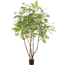 Kunstplant met meerdere stammen en kleine groene bladeren in een zwarte pot.