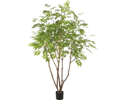 Kunstplant met meerdere stammen en kleine groene bladeren in een zwarte pot.