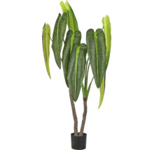 Kunstmatige Philodendron plant met grote, geribbelde groene bladeren en twee gestructureerde stammen in een zwarte kunststof pot.