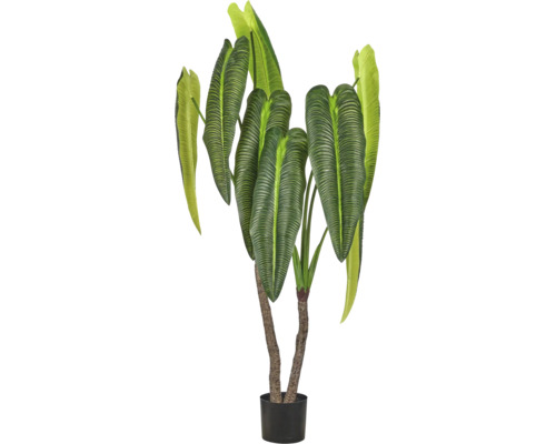 Kunstmatige Philodendron plant met grote, geribbelde groene bladeren en twee gestructureerde stammen in een zwarte kunststof pot.