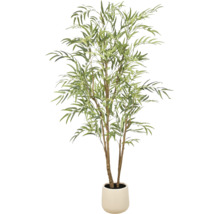 Kunstmatige eucalyptusboom met smalle bladeren en kleine bloemen in een witte pot.