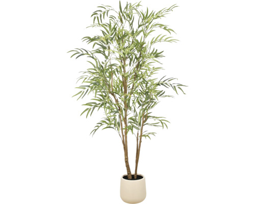 Kunstmatige eucalyptusboom met smalle bladeren en kleine bloemen in een witte pot.