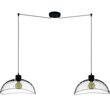 Tweelichts hanglamp van metaal met kappen van zwart draadvlechtwerk.