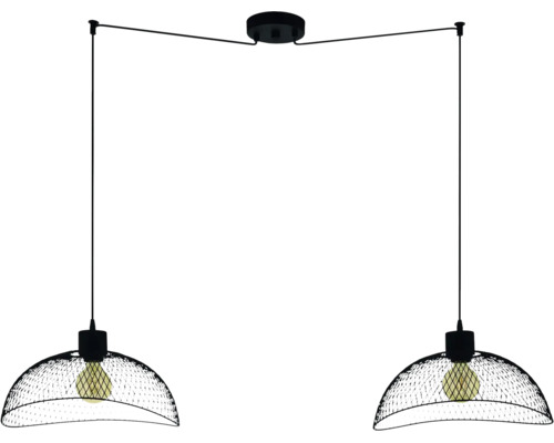 Tweelichts hanglamp van metaal met kappen van zwart draadvlechtwerk.