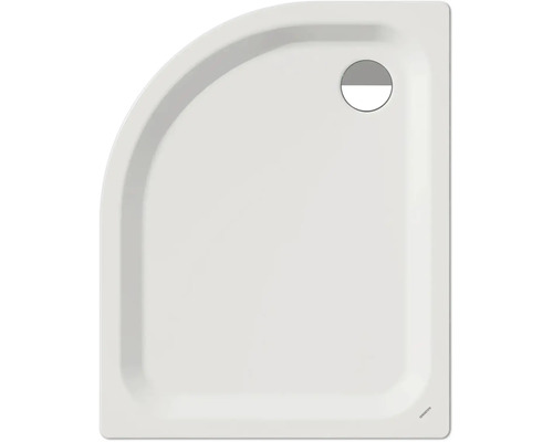 Kwartronde douchebak in wit met ronde afvoer en Kaldewei Logo.