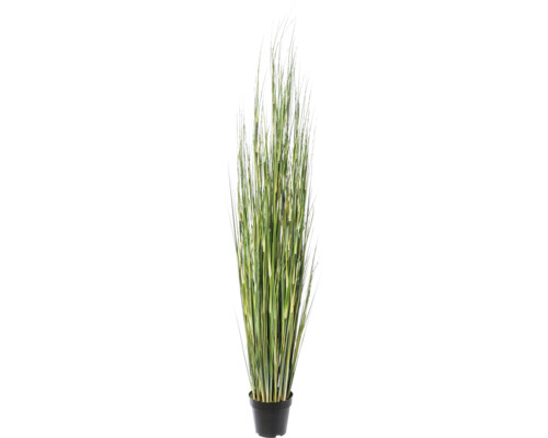 Kunstplant siergras in zwarte kunststof pot met groene en gele stengels.