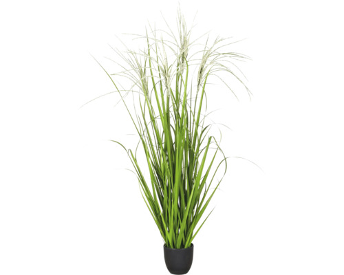 Kunstplant siergras in zwarte pot met lichte pluimen.