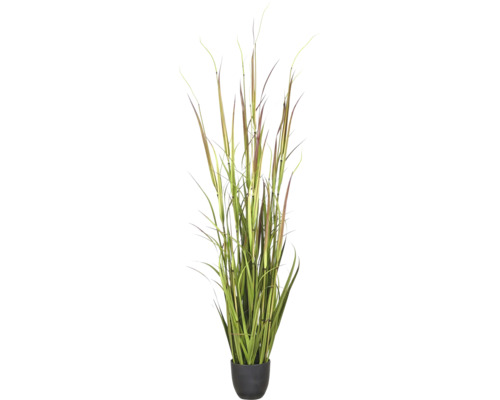 Kunstgrasplant in zwarte pot, veelkleurige sprieten, decoratie voor binnen.