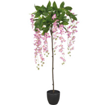 Kunstmatige Blauweregen boom met hangende roze bloemen en groene bladeren in een zwarte pot.