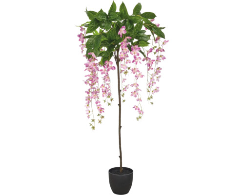 Kunstmatige Blauweregen boom met hangende roze bloemen en groene bladeren in een zwarte pot.