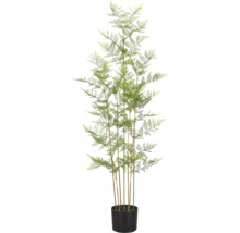 Kunstvaren in zwarte pot met fijne bladeren, decoratieve kunstplant voor binnen.