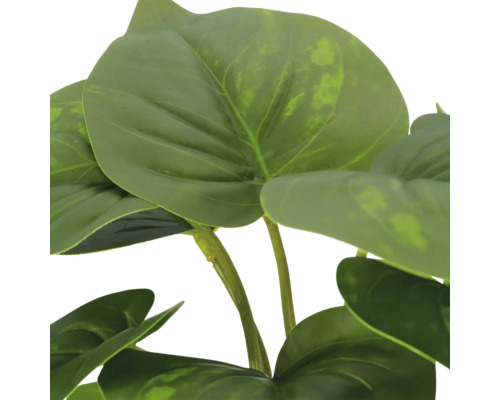 Detailopname van een kunstplant met grote, hartvormige groene bladeren en stelen.