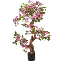 Kunstmatige Bougainvillea met houten stam in zwarte kunststof pot, roze bloemen.