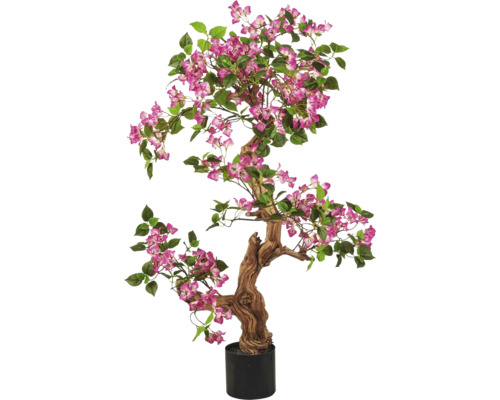 Kunstmatige Bougainvillea met houten stam in zwarte kunststof pot, roze bloemen.