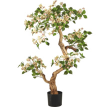 Kunstmatige Bougainvillea in zwarte pot met gebogen stam, groene bladeren en lichte bloemen.