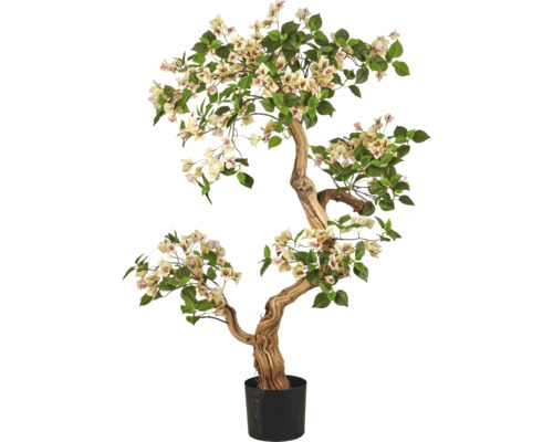 Kunstmatige Bougainvillea in zwarte pot met gebogen stam, groene bladeren en lichte bloemen.