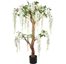 Kunstmatige wisteria boom met witte hangende bloemen, gedraaide stam en zwarte pot.