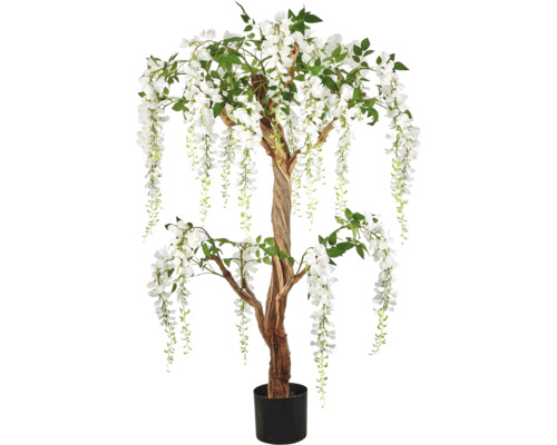 Kunstmatige wisteria boom met witte hangende bloemen, gedraaide stam en zwarte pot.