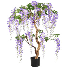 Kunstwisteria in zwarte pot met gedraaide stam, groene bladeren en hangende paarse bloemen.