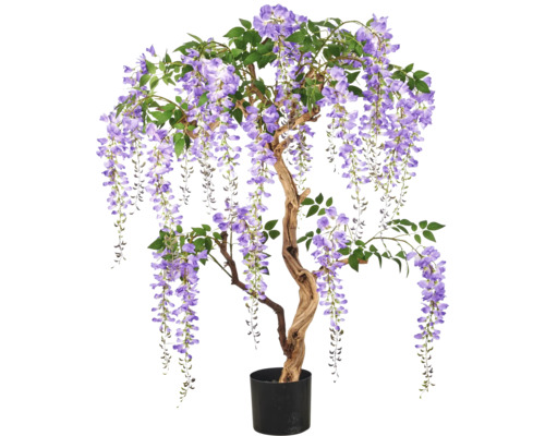 Kunstwisteria in zwarte pot met gedraaide stam, groene bladeren en hangende paarse bloemen.