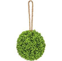 Kunstmatige buxusbol met jute touw om op te hangen, kunststof, groen.