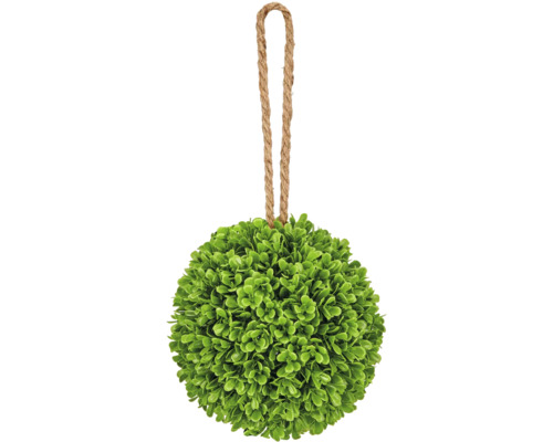 Kunstmatige buxusbol met jute touw om op te hangen, kunststof, groen.